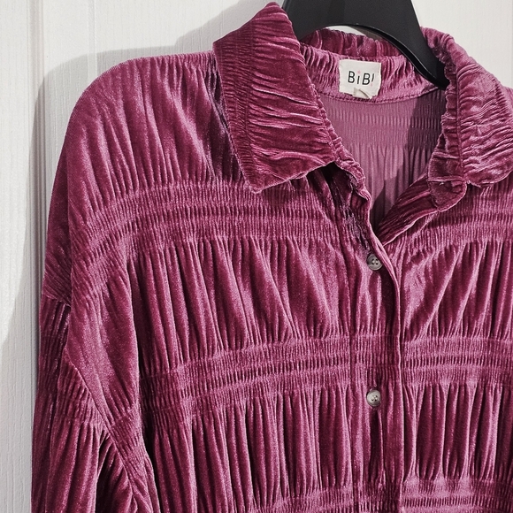 Bibi Women’s Metallic Pink Velvet Button Down Shirt Ruched Long Sleeve Sz Small - Picture 4 of 14